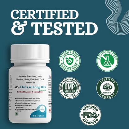 Supplement bottle with certification logos on a blue background