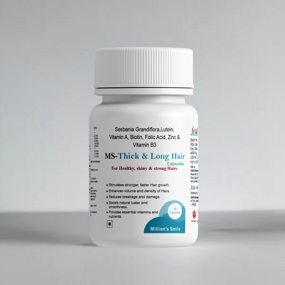 Supplement bottle labeled 'MS-Thick & Long Hair' on a gray background
