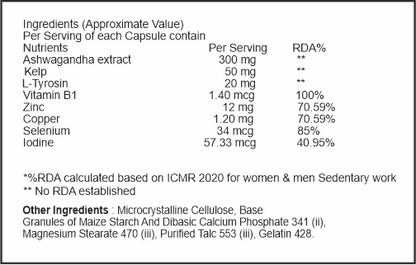 Nutritional label for a supplement capsule with ingredients and their approximate values.