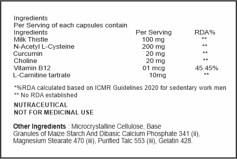Nutritional supplement label with ingredients and RDA percentages.