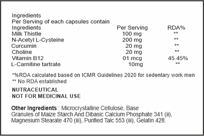 Nutritional supplement label with ingredients and RDA percentages.
