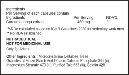 Nutritional label for a supplement containing Curcuma longa extract on a white background.