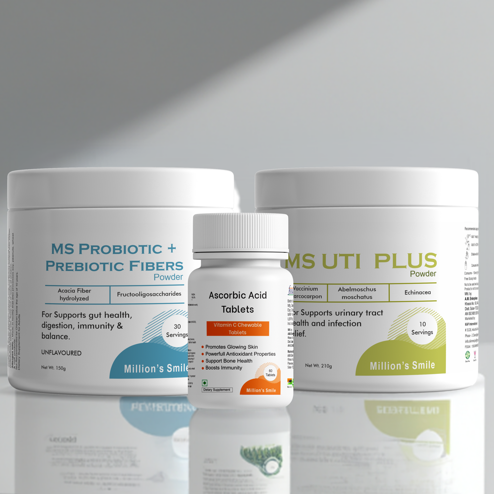 Three health supplement containers labeled 'MS Probiotic + Prebiotic Fibers', 'Ascorbic Acid Tablets', and 'MS UTI Plus' on a gray background.