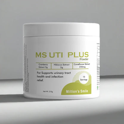 Container of MS UTI Plus Powder by Million's Smile on a gray background