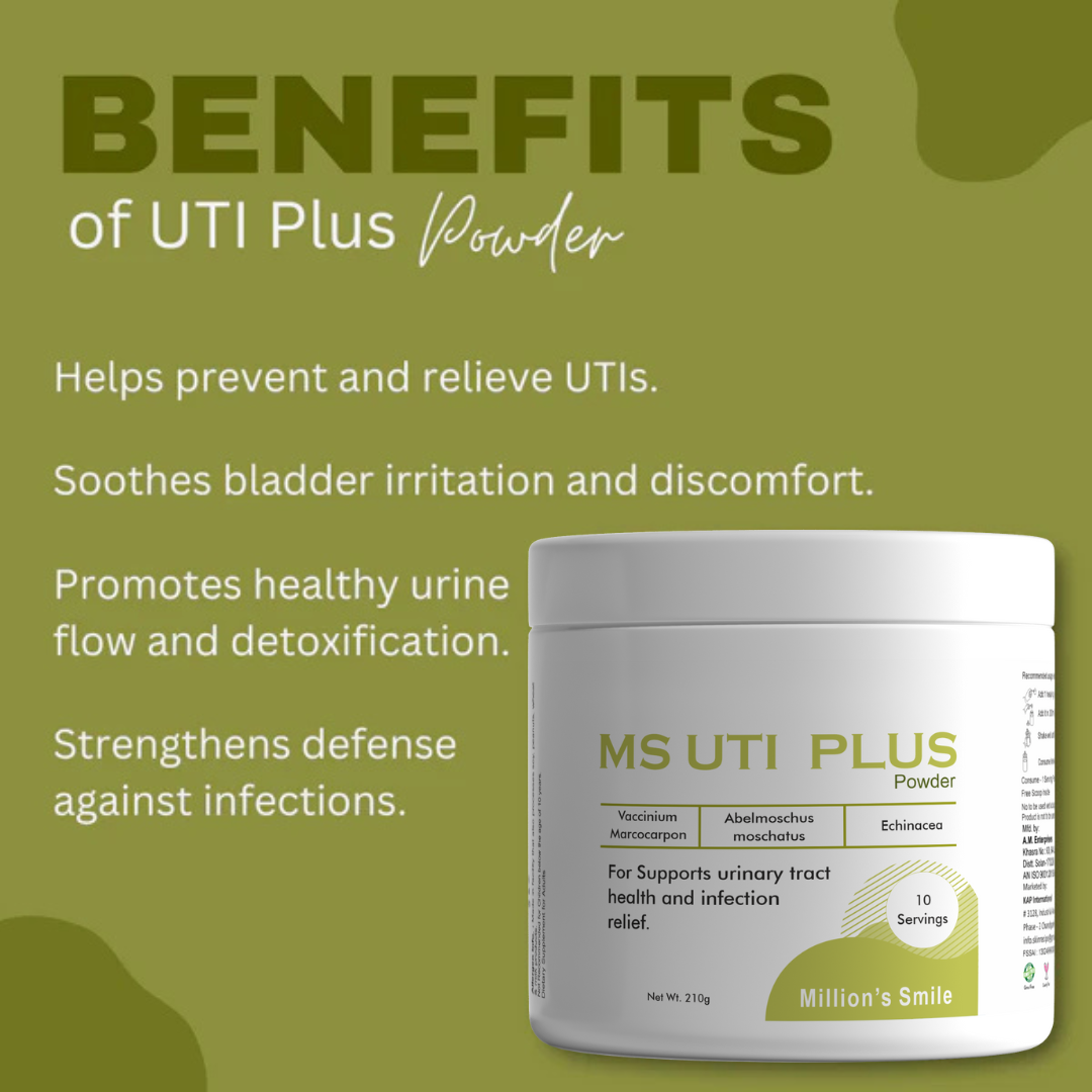 MS UTI Plus Powder container with benefits listed on a green background