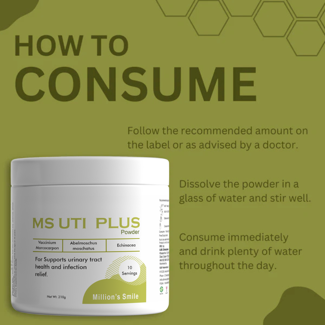 Container of MS UTI Plus powder with consumption instructions on a green background
