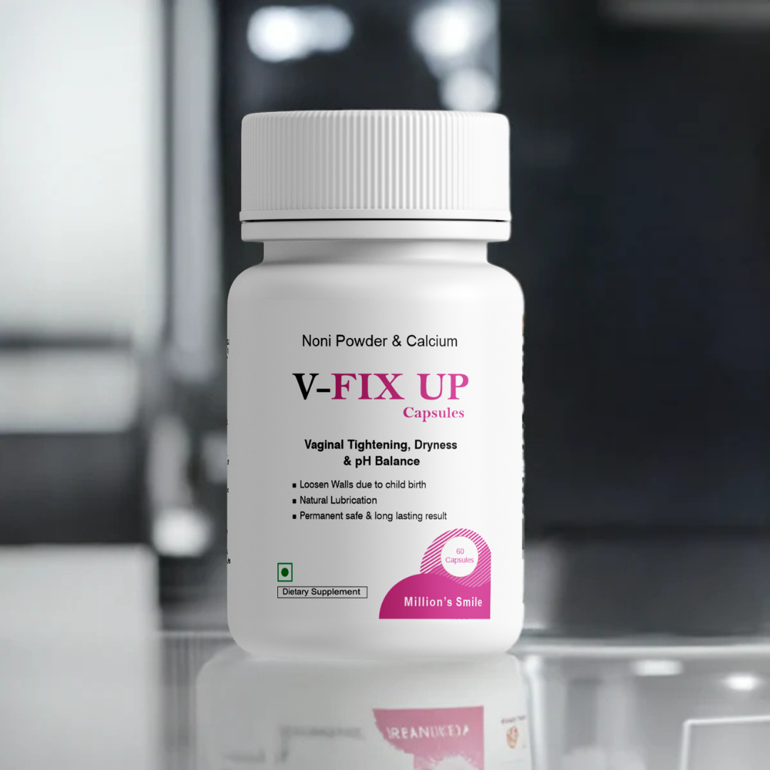 V-FIX UP capsules bottle on a reflective surface with a blurred background
