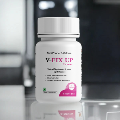 V-FIX UP capsules bottle on a reflective surface with a blurred background