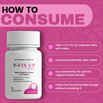 V-FIX UP capsules packaging with consumption instructions on a pink background