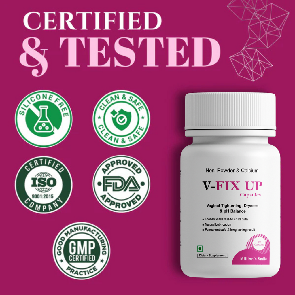 V-FIX UP capsules bottle with certification logos on a pink background