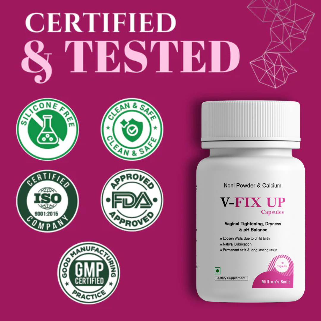 V-FIX UP capsules bottle with certification logos on a pink background