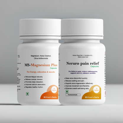 Two bottles of 'MS-Magnesium Plus' and 'Neruro pain relief' capsules on a gray background.