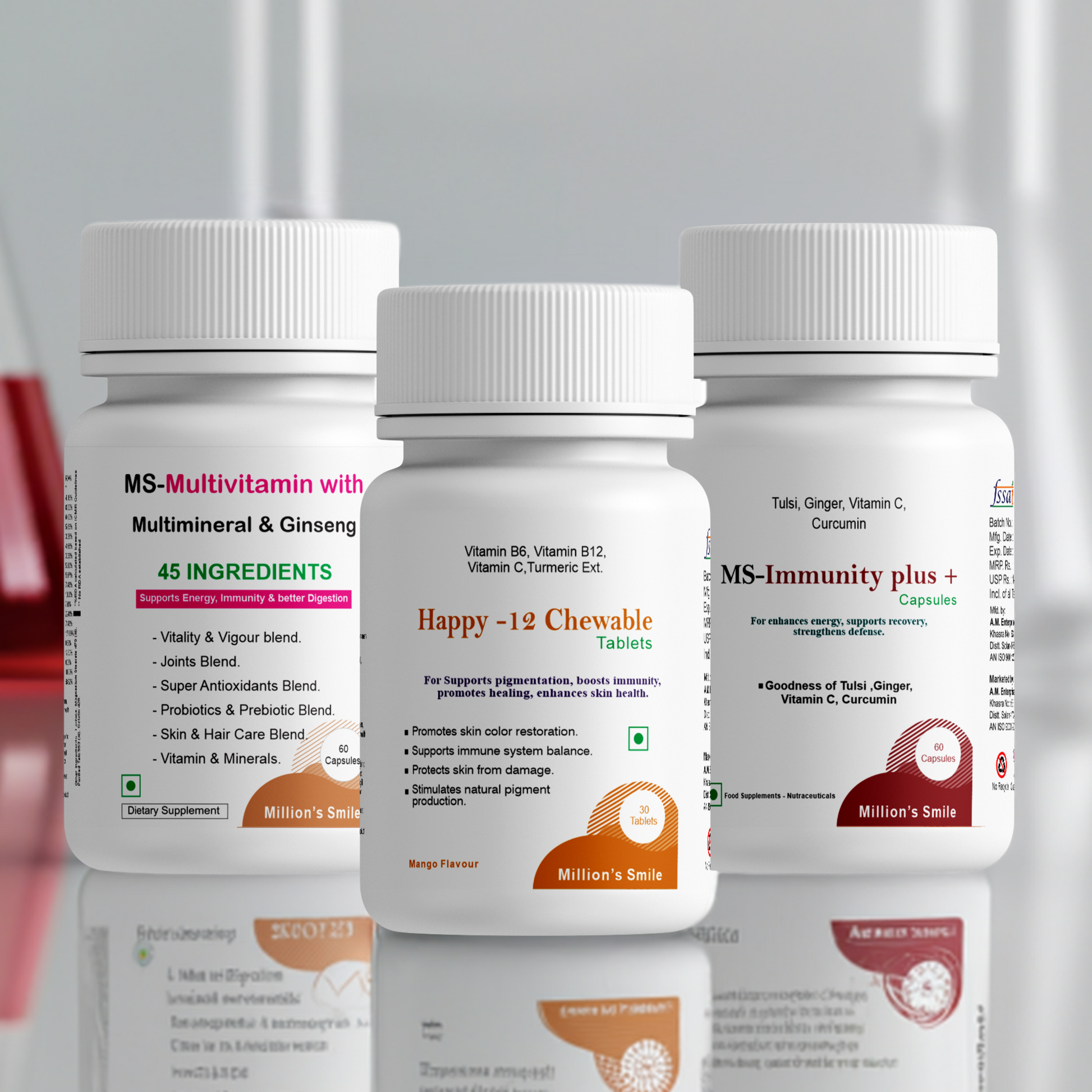Three supplement bottles labeled 'MS-Multivitamin with Multimineral & Ginseng', 'Happy-12 Chewable', and 'MS-Immunity plus+' on a reflective surface.