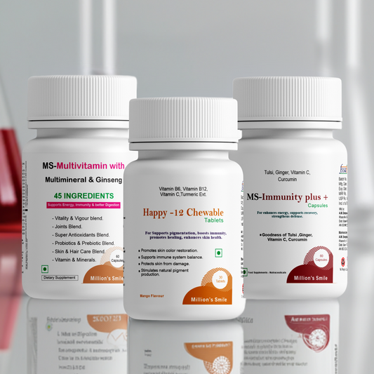Three supplement bottles labeled 'MS-Multivitamin with Multimineral & Ginseng', 'Happy-12 Chewable', and 'MS-Immunity plus+' on a reflective surface.