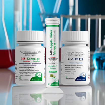Three health supplement bottles on a reflective surface with a blurred background